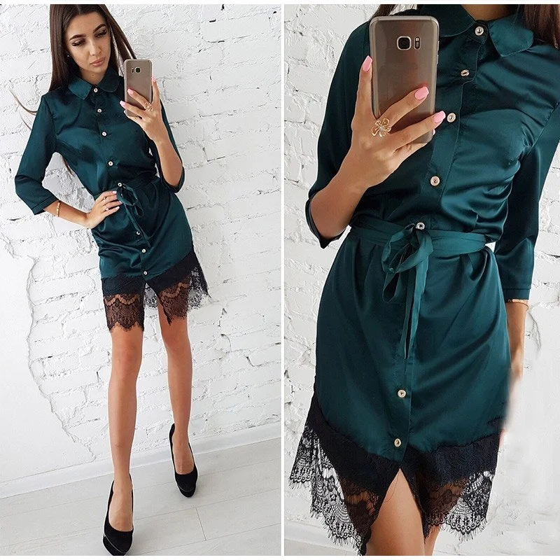 Woman Sexy Lace Button Patchwork Mini Dress Casual Three Quarter Sleeve Sashes Straight Dresses Spring Autumn Female Party Dress Tunics Versatile stylish Woman Sexy Lace Button Patchwork Mini Dress Casual Three Quarter Sleeve Sashes Straight Dresses Spring Autumn Female Party Dress Tunics Versatile stylish
