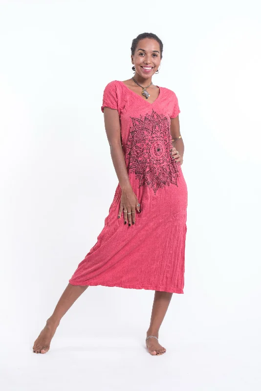 Womens Lotus Mandala V Neck Long Dress in Red Tunics Trendy modern