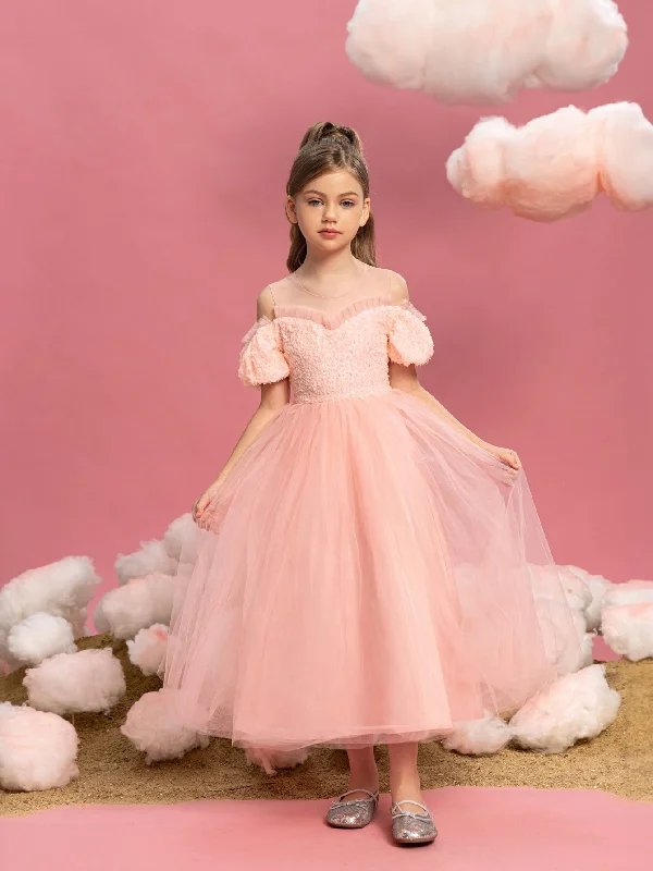 Tween Girls' Puff Sleeve Sequin Contrast Mesh Party Dress Mermaid Tail Wedding