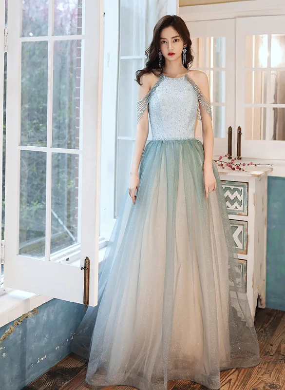 Shiny Light Green Tulle Long Halter Neckline Party Dress, A-line Gradient Prom Dress High-Low Hemline Casual Shiny Light Green Tulle Long Halter Neckline Party Dress, A-line Gradient Prom Dress High-Low Hemline Casual