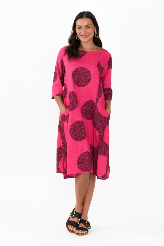 Norene Pink Spot Linen Cotton Dress Tunics Fleece cozy