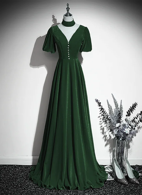 Green Velvet A-line Short Sleeves Long Party Dress, Green Long Prom Dress Tunics Practical durable Green Velvet A-line Short Sleeves Long Party Dress, Green Long Prom Dress Tunics Practical durable