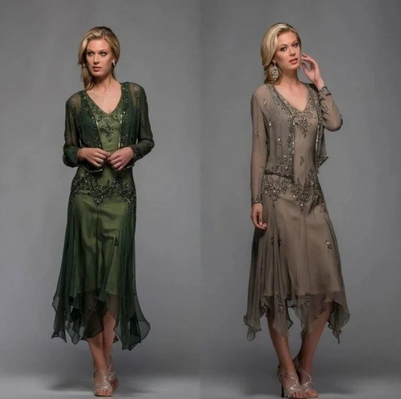 Green Mother Of The Bride Dresses A-line Chiffon Lace Beaded With Jaceket Wedding Party Dress Mother Dress For Wedding Shift Classic Vintage