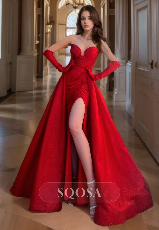 Sweetheart Gloves High Split Satin Party Dress Floor Length Formal Prom Dress with Overskirt Tunics Luxurious premium Sweetheart Gloves High Split Satin Party Dress Floor Length Formal Prom Dress with Overskirt Tunics Luxurious premium