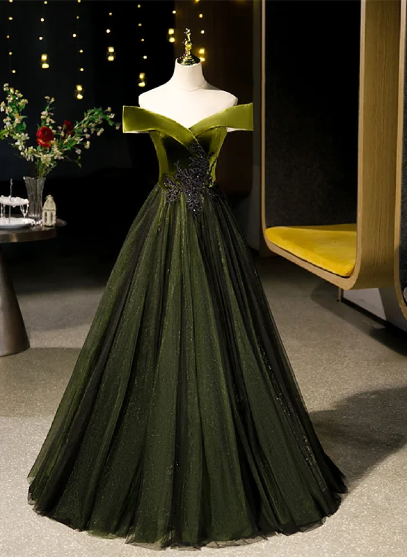 Green Velvet and Tulle Off Shoulder Party Dress, A-line Green Evening Dress Prom Dress Tunics Stylish modern Green Velvet and Tulle Off Shoulder Party Dress, A-line Green Evening Dress Prom Dress Tunics Stylish modern