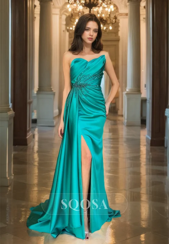 Sweetheart Sleeveless Satin Fitted Party Dress Brush Train Slit Pleated Prom Dress with Beaded Tunics Luxurious high-end Sweetheart Sleeveless Satin Fitted Party Dress Brush Train Slit Pleated Prom Dress with Beaded Tunics Luxurious high-end