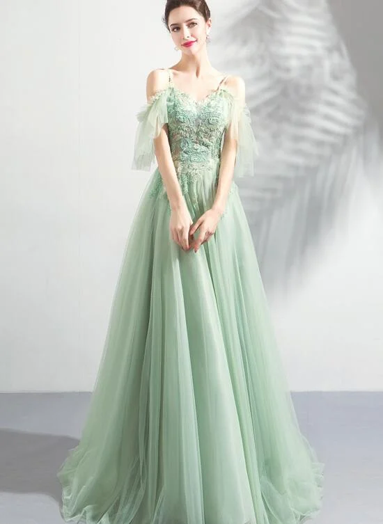 Light Green Lace Flowers V-neckline Straps Long Tulle Prom Dress, A-line Evening Dress Party Dress Tunics Polka dots Light Green Lace Flowers V-neckline Straps Long Tulle Prom Dress, A-line Evening Dress Party Dress Tunics Polka dots