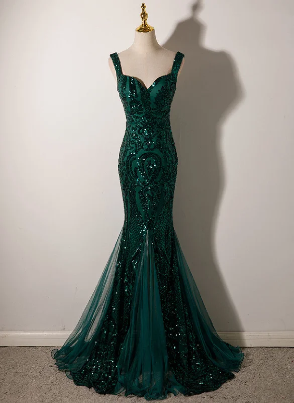 Dark Green Mermaid Tulle with Sequins Straps Party Dress, Mermaid Long Formal Dress Tunics Floral girly Dark Green Mermaid Tulle with Sequins Straps Party Dress, Mermaid Long Formal Dress Tunics Floral girly