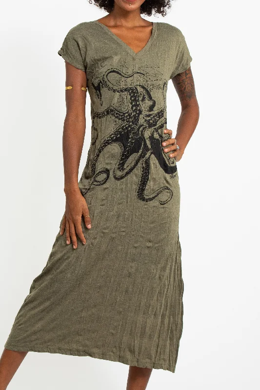 Womens Octopus V Neck Long Dress in Green Casual Short Summer