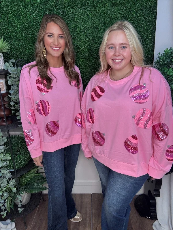 CHRISTMAS ORNAMENTS SEQUIN OVERSIZED SWEATSHIRT - PINK Hoodie with Raglan Sleeves Sporty Comfortable CHRISTMAS ORNAMENTS SEQUIN OVERSIZED SWEATSHIRT - PINK Hoodie with Raglan Sleeves Sporty Comfortable