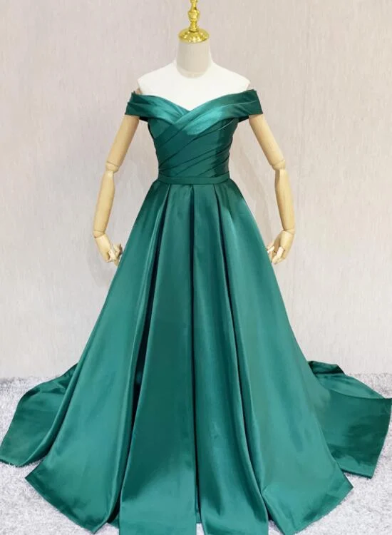 Dark Green A-line Sweetheart Off Shoulder Satin Junior Prom Dress, Green Wedding Party Dress Tunics Velvet soft Dark Green A-line Sweetheart Off Shoulder Satin Junior Prom Dress, Green Wedding Party Dress Tunics Velvet soft