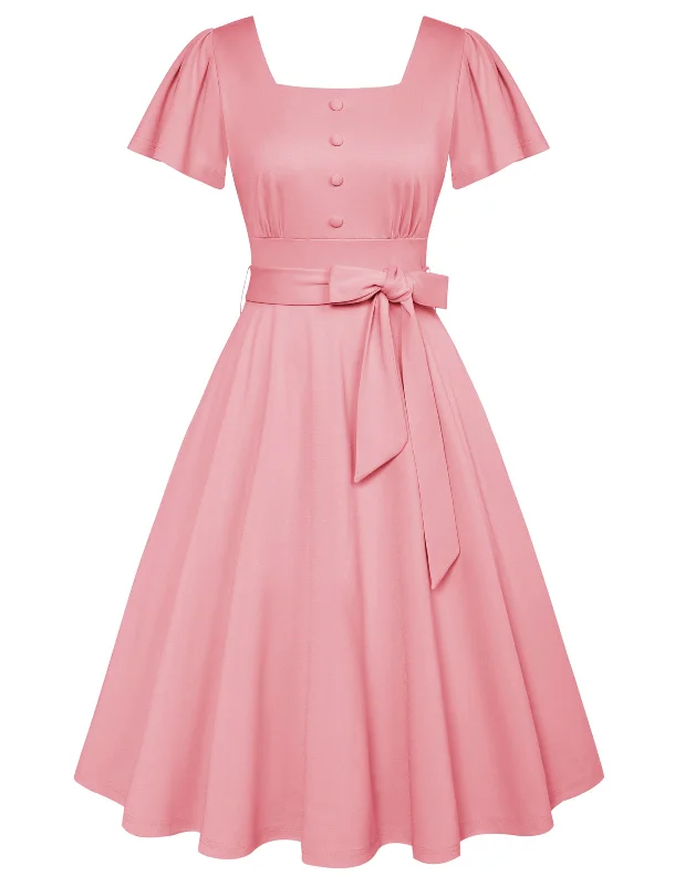 Square Neck Dress Summer Ruffle Sleeve A Line 1950s Tea Party Dresses with Pockets Peplum Ruffle Cocktail