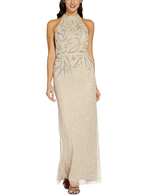 Womens Beaded Long Evening Dress Cowl Neckline Elegant