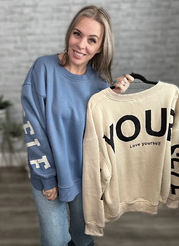 2 Colors - Be Yourself - Love Yourself Graphic Oversized Sweatshirt - Jade by Jane Hoodie with Side Slits Relaxed Casual 2 Colors - Be Yourself - Love Yourself Graphic Oversized Sweatshirt - Jade by Jane Hoodie with Side Slits Relaxed Casual