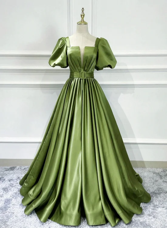 Green Satin Short Sleeves Long Evening Party Dresses, Green Formal Party Dresses Shift Classic Vintage Green Satin Short Sleeves Long Evening Party Dresses, Green Formal Party Dresses Shift Classic Vintage