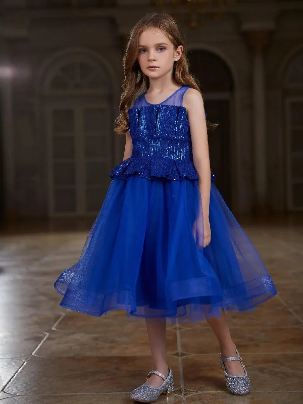 Tween Girls' Contrast Pleated Sequin Mesh Hem Party Dress Cowl Neckline Elegant