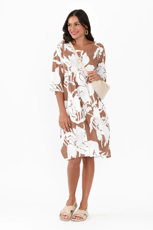 Myley Brown Floral Linen Cotton Dress Tunics Prom sequined