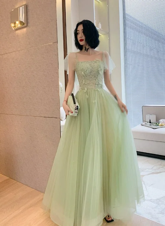 Beautiful Green Tulle Long Prom Dress with Lace, Green Evening Party Dresses Tunics Velvet soft Beautiful Green Tulle Long Prom Dress with Lace, Green Evening Party Dresses Tunics Velvet soft