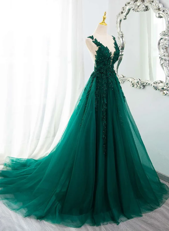 Dark Green Tulle V-neckline Party Dress with Lace, Dark Green Tulle Prom Dress Tunics Trendy modern Dark Green Tulle V-neckline Party Dress with Lace, Dark Green Tulle Prom Dress Tunics Trendy modern