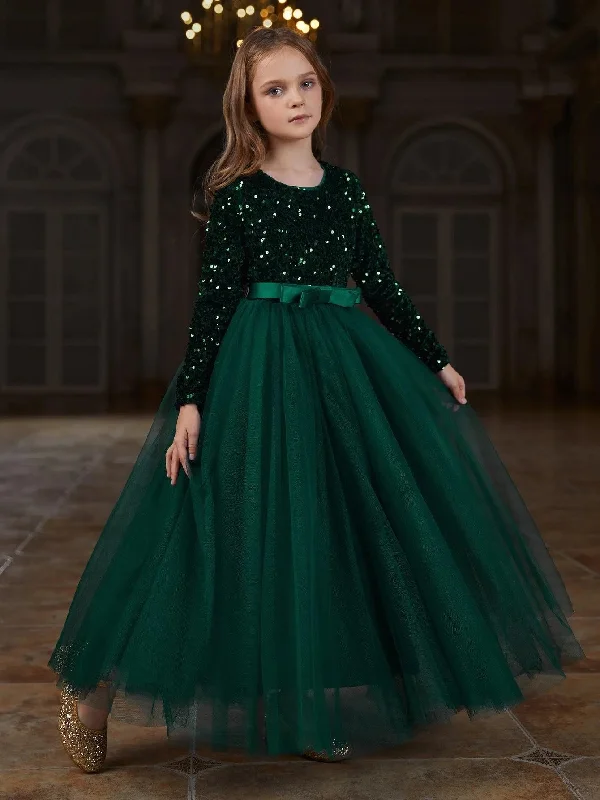 Tween Girls' Round Neck Long Sleeve Mesh Hem Party Dress Pleated Skirt Elegant