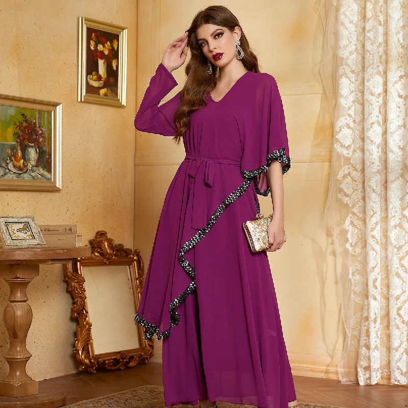 New Rose Purple Double Layer Chiffon Sequins Irregular Slim Party Dress Tunics Evening elegant New Rose Purple Double Layer Chiffon Sequins Irregular Slim Party Dress Tunics Evening elegant