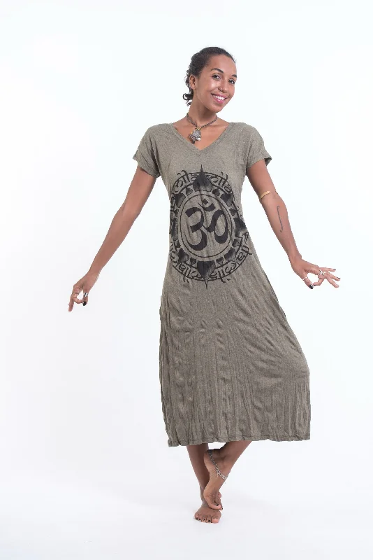 Womens Infinitee Om V Neck Long Dress in Green Tunics Solid Classic