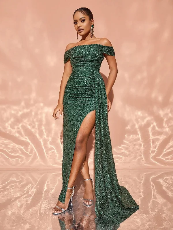 Chic Off Shoulder Draped Side Sequin Party Dress Off-the-shoulder Bohemian Festive