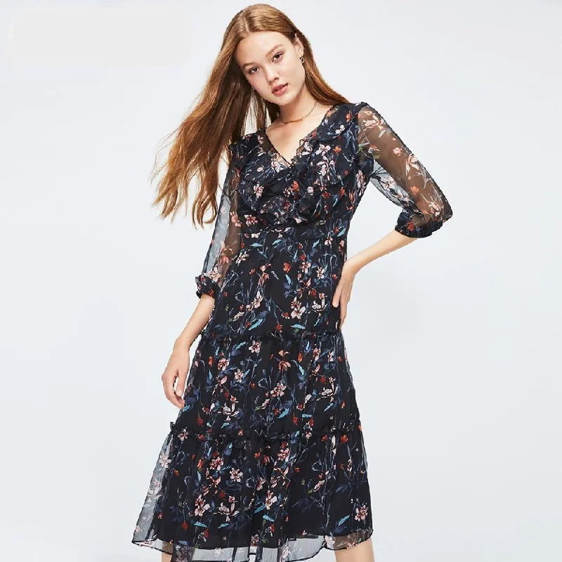 Floral Ruffled Cinched Waist Chiffon Dress Tunics Essential wardrobe