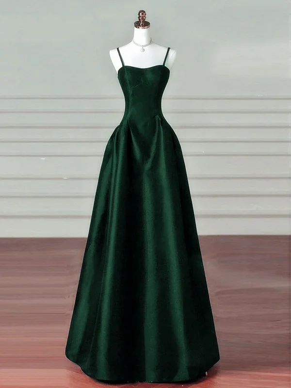 Green Satin Simple A-line Floor Length Party Dress, Green Satin Straps Prom Dress Tunics Essential wardrobe Green Satin Simple A-line Floor Length Party Dress, Green Satin Straps Prom Dress Tunics Essential wardrobe
