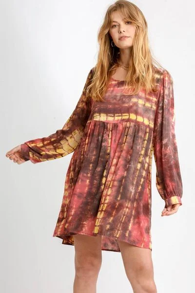 Umgee Full Size Tie Dye Long Sleeve Babydoll Dress with Keyhole Plus Size Tunics Mesh breathable