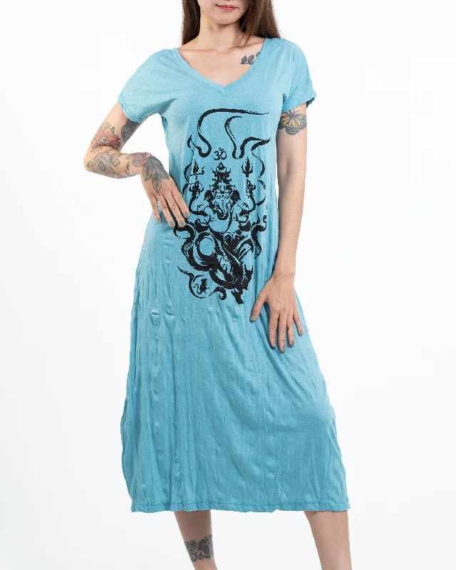 Womens Ganesh Chakra V Neck Long Dress in Turquoise Tunics Review highly