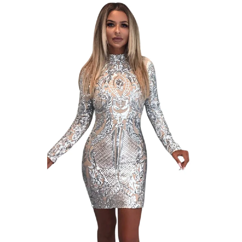 Sexy High Neck Long Sleeve Sequin Elegant Party Dress Tunics Velvet soft
