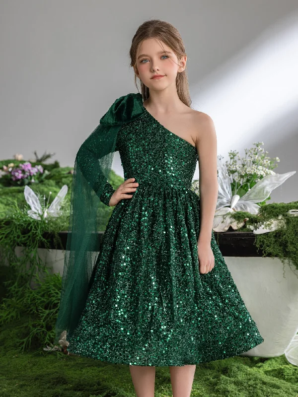 Tween Girls' One Shoulder Bow Detail Sequin Party Dress Tunics Plaid country