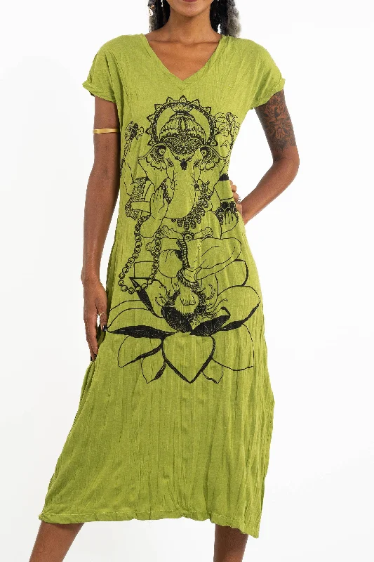 Womens Lord Ganesh V Neck Long Dress in Lime Tunics Sophisticated sleek