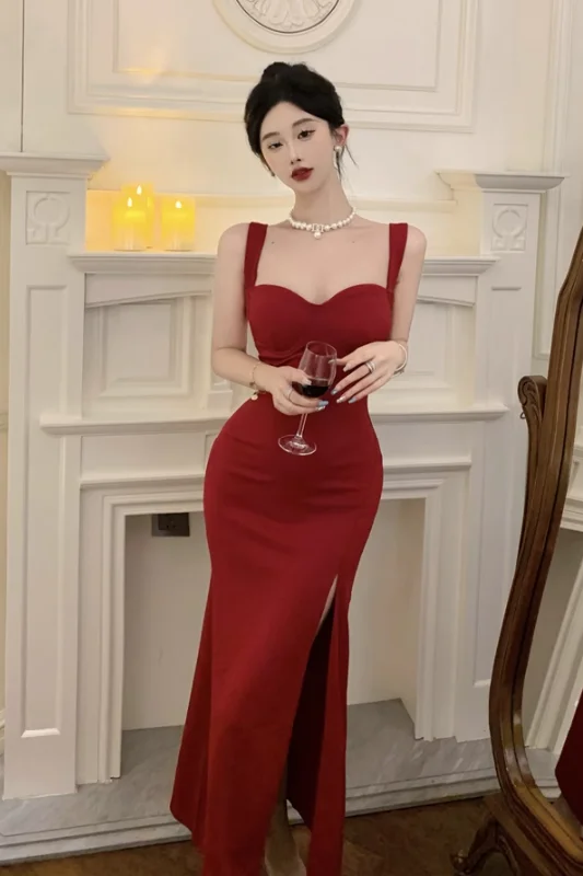 Elegant Square - Neck Crimson Mermaid Dress with Side Slit Tunics Running lightweight