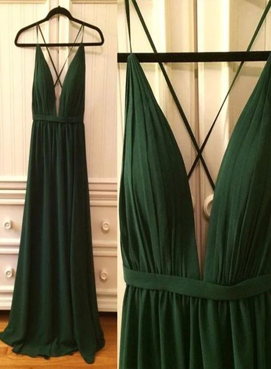 Dark Green Deep V-neckline Chiffon Cross Back Long Party Dresses, Sexy Formal Gowns Tunics Bridal satin Dark Green Deep V-neckline Chiffon Cross Back Long Party Dresses, Sexy Formal Gowns Tunics Bridal satin