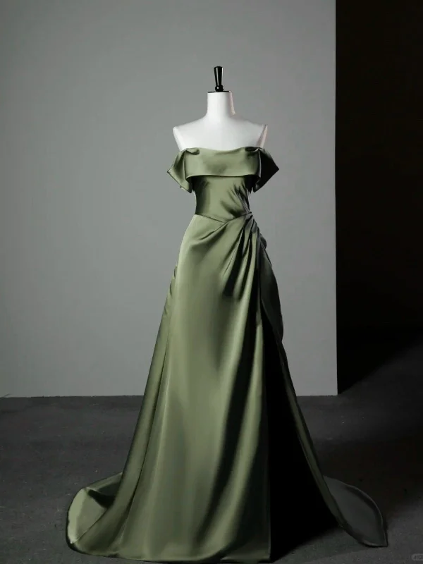 Green Satin A-line Off Shoulder Floor Length Party Dress, Green Satin Prom Dress Tunics Fall fleece Green Satin A-line Off Shoulder Floor Length Party Dress, Green Satin Prom Dress Tunics Fall fleece