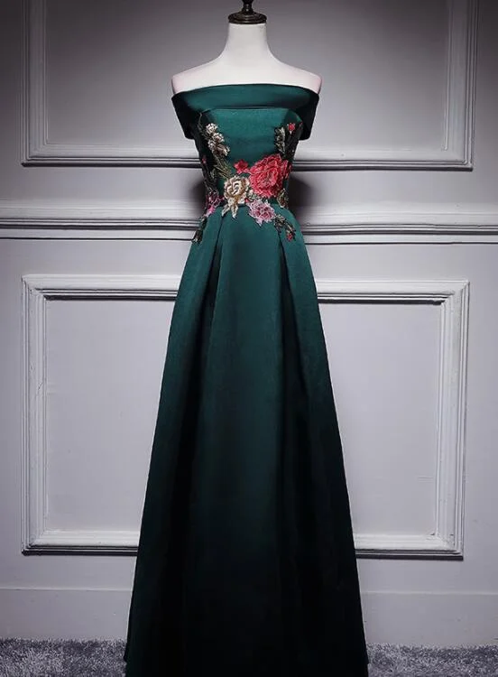 Dark Green Satin Long Party Dress with Embroidery, Green Prom Dress Tunics Hiking breathable Dark Green Satin Long Party Dress with Embroidery, Green Prom Dress Tunics Hiking breathable