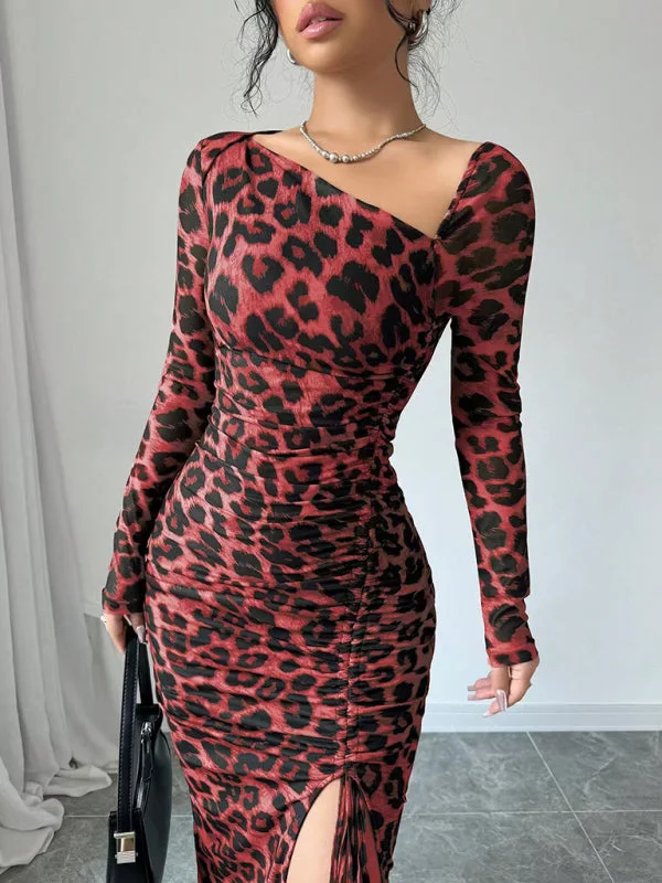 New Women's Round Neck Long Sleeve Sexy Leopard Print High Waist Hottie Dress Tunics Chic elegant New Women's Round Neck Long Sleeve Sexy Leopard Print High Waist Hottie Dress Tunics Chic elegant