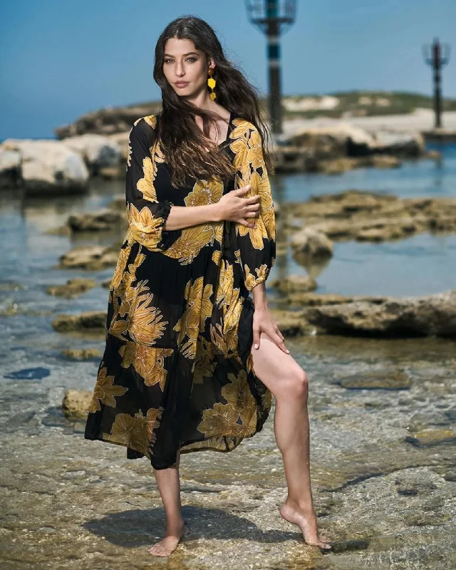 Maui Chiffon Trapeze Dress, Gold sweetheart Neckline Romantic