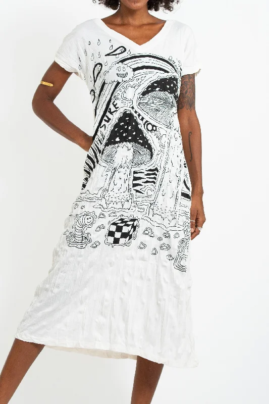 Womens Magic Mushroom V Neck Long Dress in White Tunics Canvas sturdy
