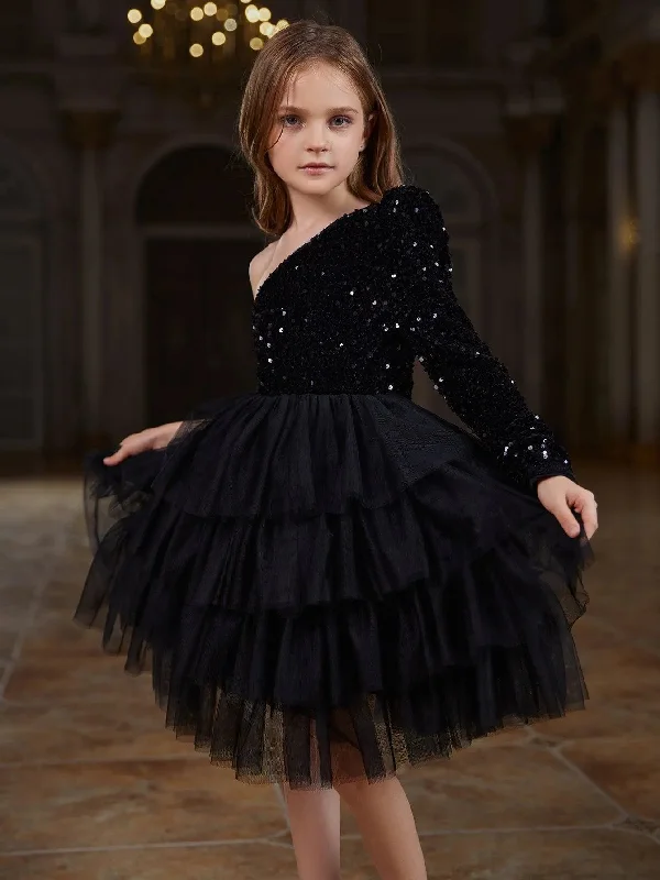 Tween Girls' One Shoulder Mesh Lyaered Hem Party Dress Shift Classic Vintage