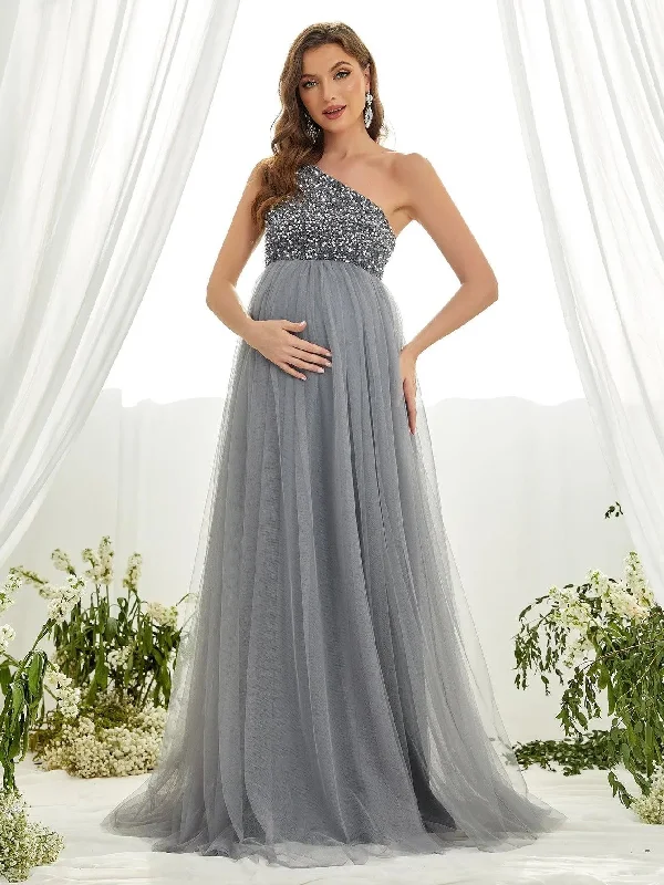 Maternity One Shoulder Contrast Sequin Mesh Party Dress Tunics Gym athletic