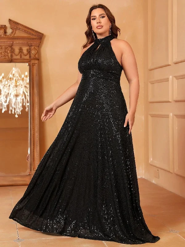 Plus Halter Neck Sleeveless Sequins Party Dress Tunics Evening elegant