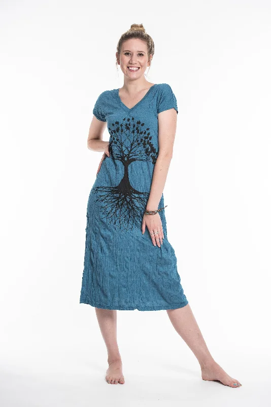 Womens Tree of Life V Neck Long Dress in Denim Blue Tunics Versatile stylish