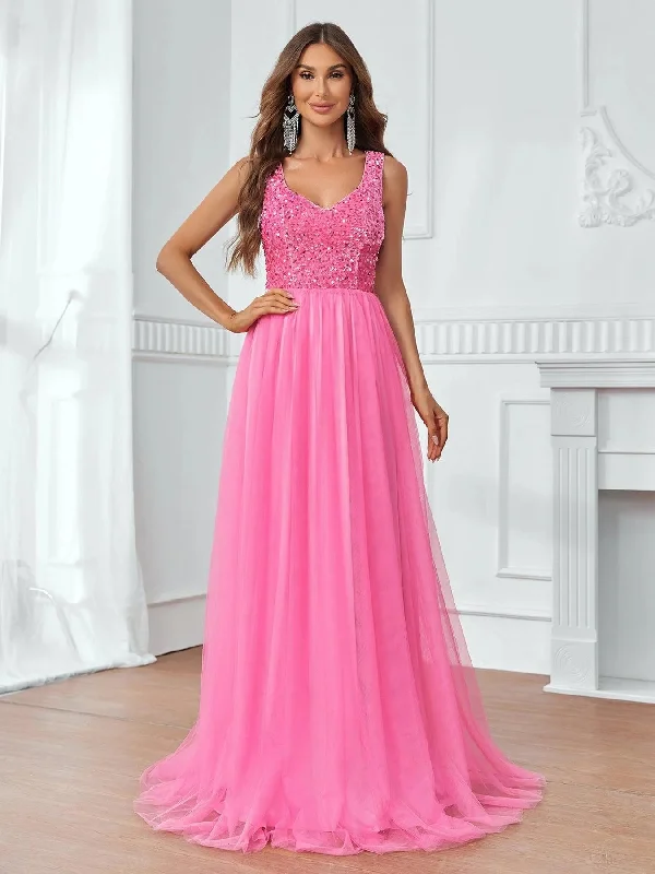 Sleeveless Sequin Bodice Contrast Mesh Hem Party Dress Tunics Denim casual