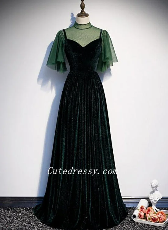 Dark Green Velvet with Puffy Sleeves Tulle Prom Dresses, A-line Green Party Dresses Formal Dress Cowl Neckline Elegant Dark Green Velvet with Puffy Sleeves Tulle Prom Dresses, A-line Green Party Dresses Formal Dress Cowl Neckline Elegant