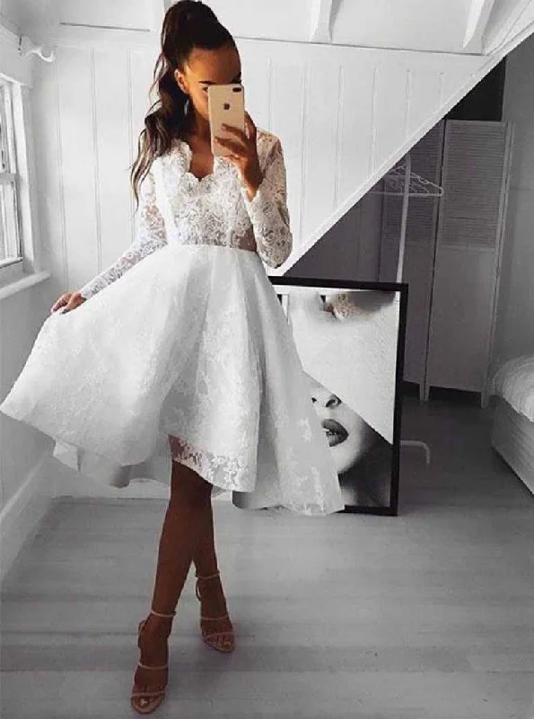 Lace Long Sleeves Short Prom Dress, Open Back Homecoming Party Dress OM411 Tunics Business professional