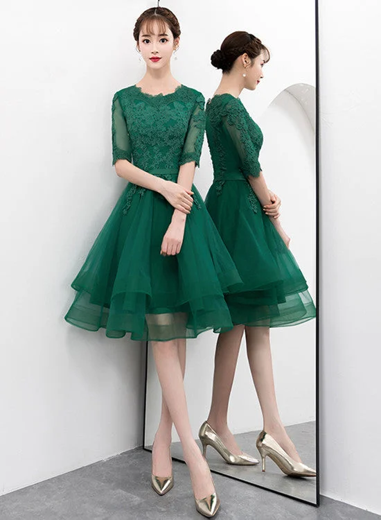 Charming Dark Green Tulle Knee Length Short Sleeves Party Dress, Green Bridesmaid Dress Tunics Travel practical Charming Dark Green Tulle Knee Length Short Sleeves Party Dress, Green Bridesmaid Dress Tunics Travel practical
