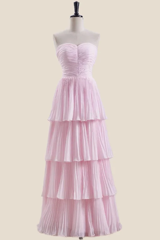 Strapless Pink Pleated Tiered Long Party Dress Tunics Winter warm